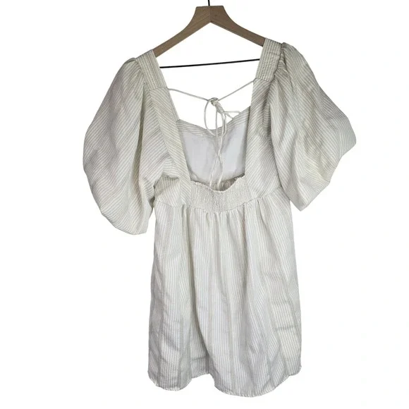 Free People Gigi Cream Vertical Stripe Puff Sleeve Tunic Top Boho Spring Size L - Picture 4 of 10